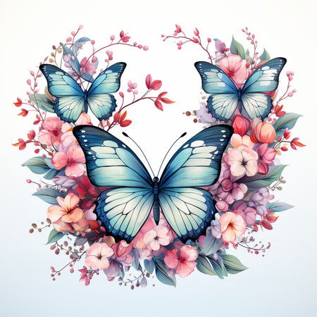 Flowers and butterflies wreath isolated on the white background, created with generative AIの素材