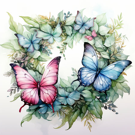 Flowers and butterflies wreath isolated on the white background, created with generative AIの素材
