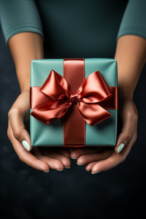 Closeup of the female hands holding gift box, created with a generative AIの素材