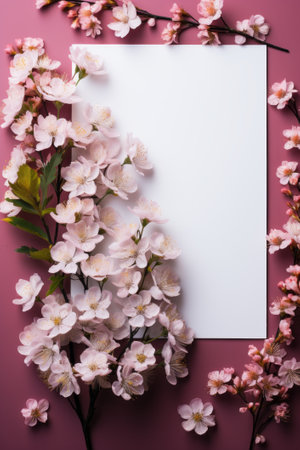 Flat lay view at empty blank white paper with flower decoration, created with generative AIの素材