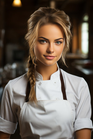 Beautiful young female chef in a kitchen, created with generative AIの素材