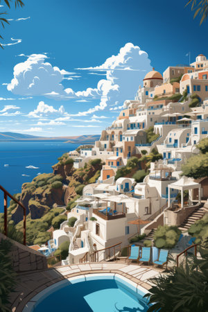 Santorini, Greece travel poster illustration, created with generative AIの素材