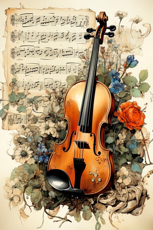 Violin with old sheet of music notes, created with generative AIの素材