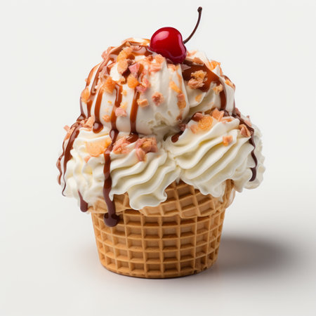 Ice cream scoop on waffle cone isolated on the white background, created with generative AIの素材