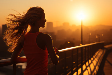 Young woman jogging outdoors in the sunset, created with generative AIの素材