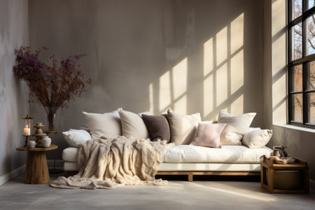 Cozy room with an empty gray wall, created with generative AIの素材