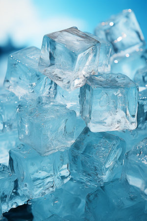 Cold blue ice cubes backdrop, created with generative AIの素材
