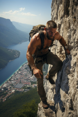 Handsome mountain climber clings to the edge, created with generative AIの素材