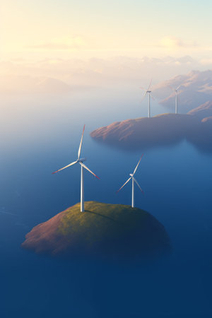 Wind turbines in a cartoon style, created with generative AIの素材