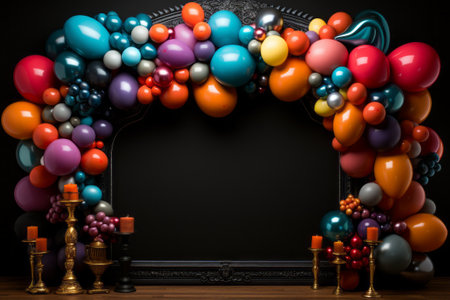 Black copy space with a colorful celebration balloons, created with generative AIの素材