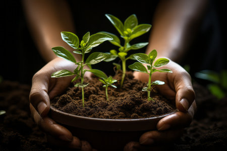 Hands of a person planting green plants in soil, created with generative AIの素材