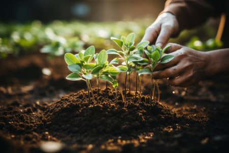 Hands of a person planting green plants in soil, created with generative AIの素材