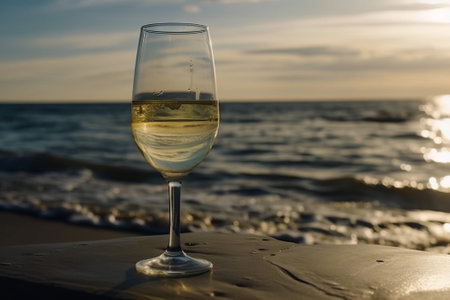 Glass of white wine on the seaside, created with generative AIの素材