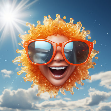 Smiling sun wearing sunglasses in the sky, created with generative AIの素材