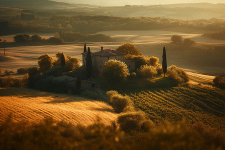 Tuscany landscape in the sunset, created with generative AIの素材