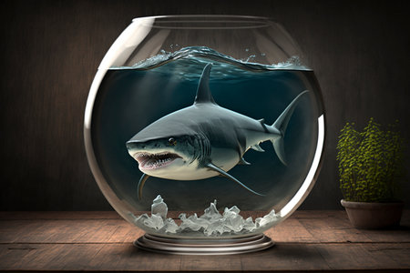 Shark in a small glass fishbowl, created with a generative AIの素材