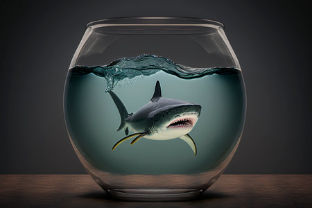 Shark in a small glass fishbowl, created with a generative AIの素材