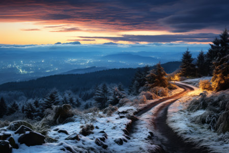 Winter landscape just after sunset, created with a generative AIの素材