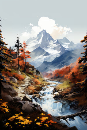 Autumn mountain landscape illustration, created with a generative AIの素材