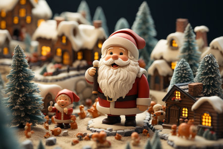 Miniature figurines of a Santa Claus,  gnomes and cute village created with a generative AI technologyの素材