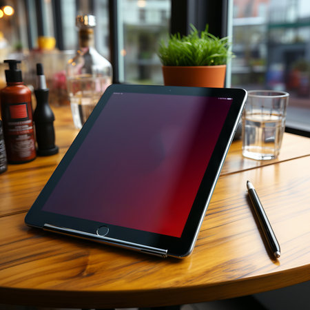 A tablet on a table created with generative AI technologyの素材