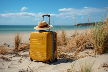 A suitcase on a beach created with a generative AI technologyの素材