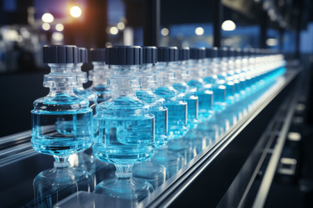 A row of bottles with blue liquid created with generative AI technologyの素材