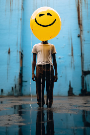 A man with a yellow balloon over his head created with generative AI technologyの素材