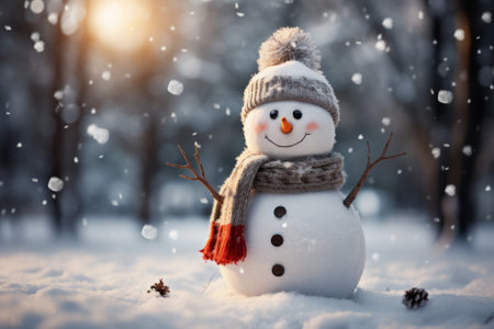 Cute snowman in the snow created with generative AI technologyの素材