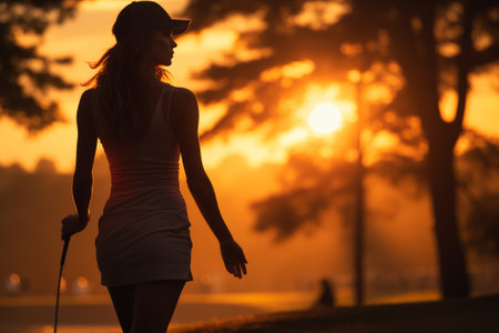 Pretty young woman holding a golf club at sunset created with generative AI technologyの素材