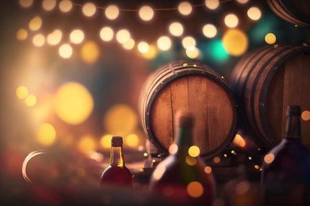 Group of wine barrels and bottles created with generative AI technologyの素材