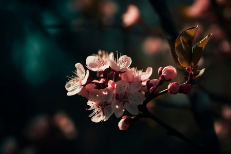 Close up of a flower on a tree branch at spring created with generative AI technologyの素材