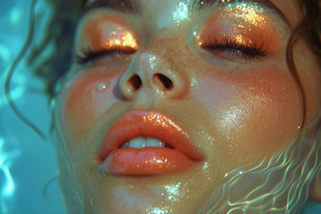Serene and enigmatic beauty of a young woman submerged in water, her skin adorned with glitter, reflecting a dreamlike quality. created with generative AI technologyの素材