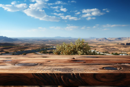 Wooden table with a view of a valley created with generative AI technologyの素材