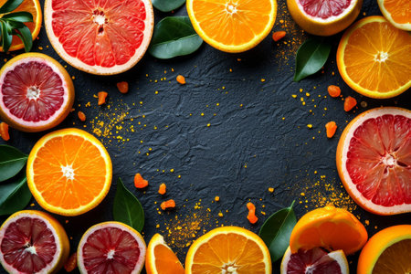 A collection of fresh, ripe citrus fruits, including oranges and grapefruits, artistically arranged amidst lush green monstera leaves on a textured dark slate surface. created with generative AI technologyの素材