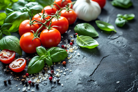 Vibrant red tomatoes on the vine, accompanied by fresh green basil leaves and scattered spices, lay on a dark slate texture, evoking a sense of freshness and organic quality. created with generative AI technologyの素材