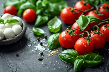 Vibrant cherry tomatoes on the vine are tastefully arranged on a dark slate surface, paired with fresh basil leaves and mozzarella cheese, hinting at the ingredients for a classic caprese salad. created with generative AI technologyの素材