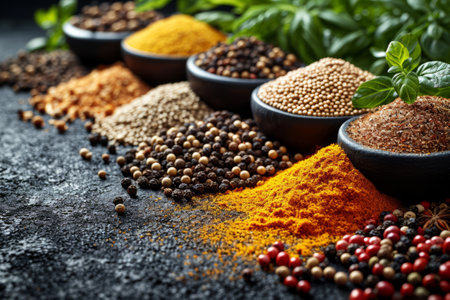 An assortment of colorful, aromatic spices and herbs are meticulously arranged on a slate surface, providing a visual feast that promises to enhance flavor and culinary creativity. created with generative AI technologyの素材