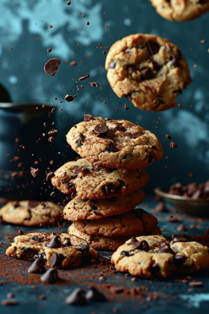 An enchanting display of chocolate chip cookies seemingly frozen in mid-air, with crumbs and chocolate pieces scattering whimsically around them. created with generative AI technologyの素材