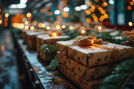 Group of wrapped presents with lights created with generative AI technologyの素材