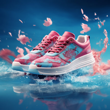 Pair of pink and blue high top sneakers created with generative AI technologyの素材