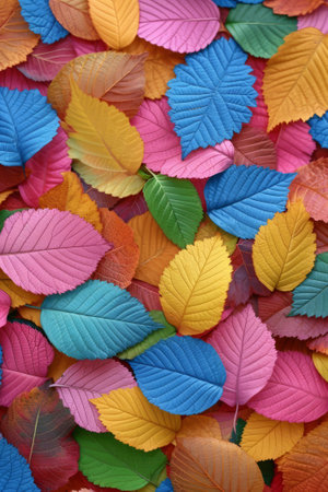 Colorful and imaginative artistic portrayal of a variety of leaves in warm autumn hues, arranged in a visually captivating mosaic pattern. created with generative AI technologyの素材