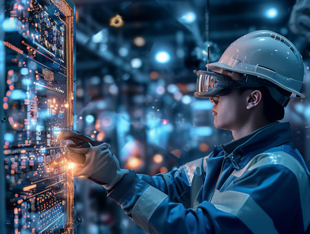 Diligent male technician wearing protective eyewear and an helmet examines server racks in a modern data center after hours. created with generative AI technologyの素材