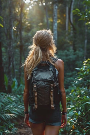 A lone woman stands at the forests edge, her back to the camera, as she gazes into the verdant depths of the mist-covered woodsの素材
