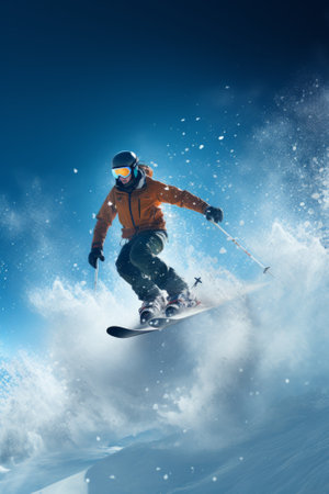Man in orange jacket jumping on snowboard on sunny winter day created with generative AI technologyの素材