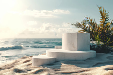 Dreamy, surreal image captures the essence of calm with a white podium standing alone on a sandy beach, overlooking the gentle waves of the ocean under a clear sky created with generative AI technologyの素材