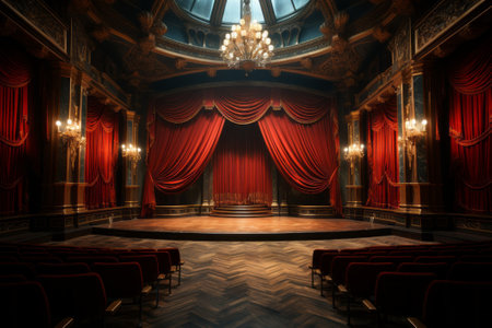 Theater stage with red curtains and a chandelier created with generative AI technologyの素材