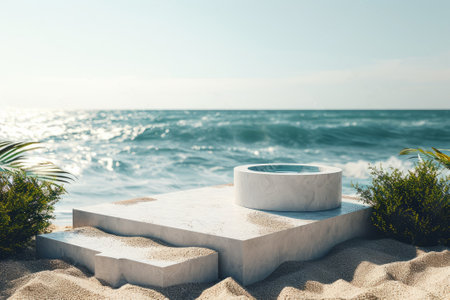Dreamy, surreal image captures the essence of calm with a white podium standing alone on a sandy beach, overlooking the gentle waves of the ocean under a clear sky created with generative AI technologyの素材