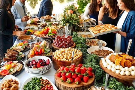 Guests elegantly dressed mingle around a lavish buffet with an array of sumptuous dishes at an opulent evening event. Generative AI.の素材