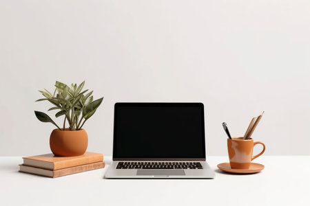 A clean and tranquil office setup showcases a modern laptop with a blank screen, accompanied by a potted succulent and a closed notebook, inviting productivity and creativity in a minimalist environmentの素材